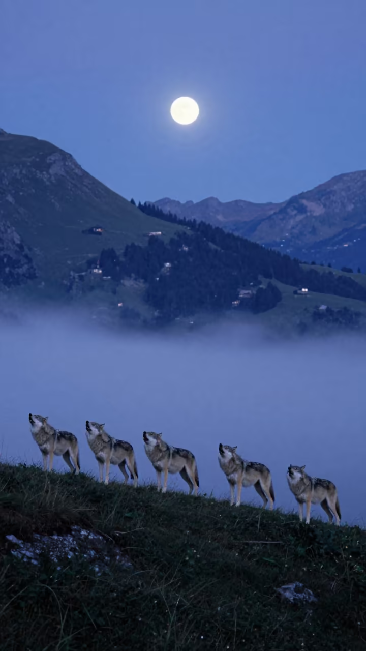 Wolves Howling on Swiss Ridge Under Moonlit Mist in in Switzerland