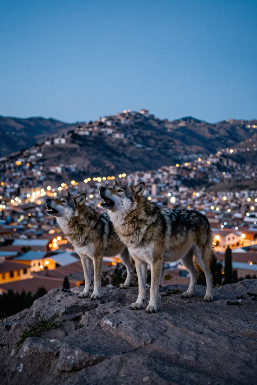 Wolves Howling on Winter Ridge at Twilight in near San Cristobal, Cusco