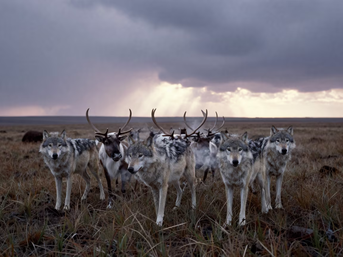 Wolves Hunt Caribou on Indonesian Tundra Morning in in Indonesia