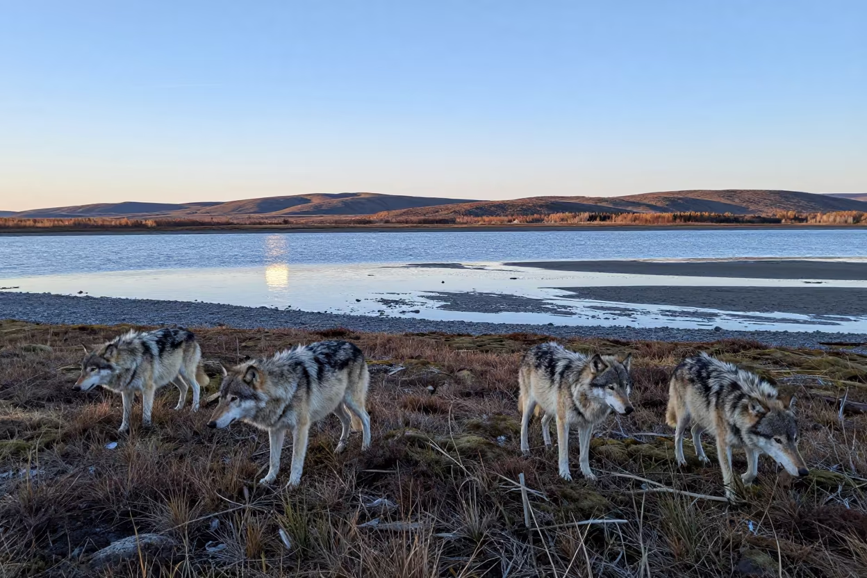 Wolves Hunting Caribou Alaska Tundra Midnight Sun in beside a tidal inlet in Alaska