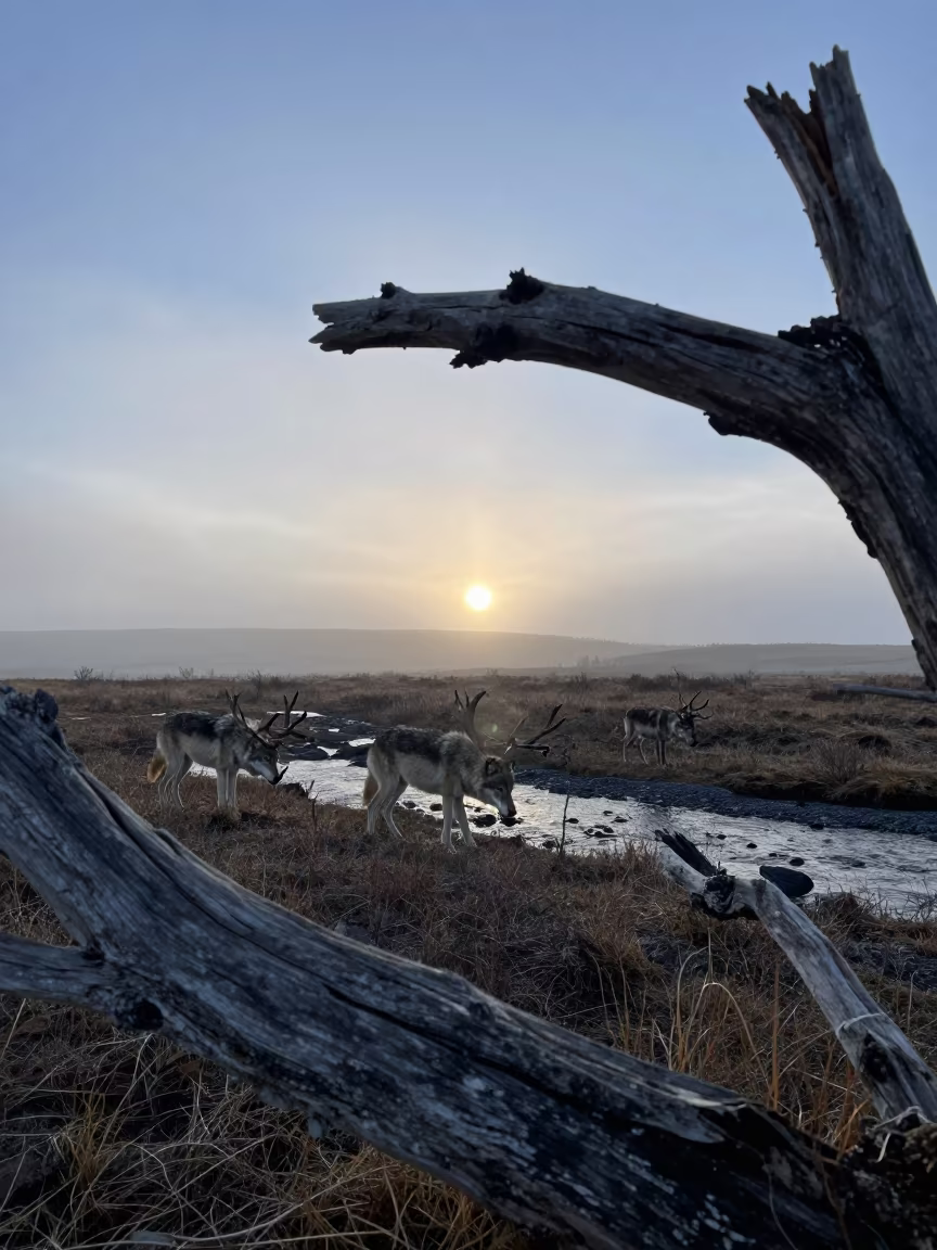 Wolves Hunting Caribou Before Sunrise in above a glacial stream near Trujillo