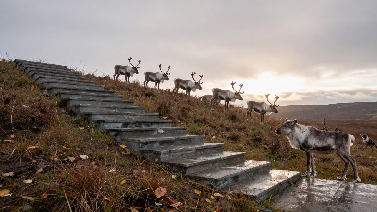 Wolves Hunting Caribou on Surreal Ridge Staircase in on a wind-scoured ridge near Caracas