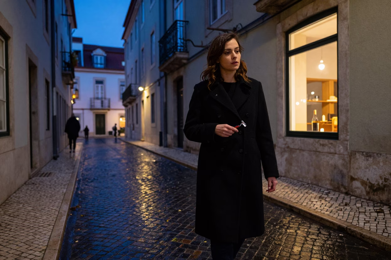 Woman at Blue Hour in Lisbon in in Lisbon, Portugal