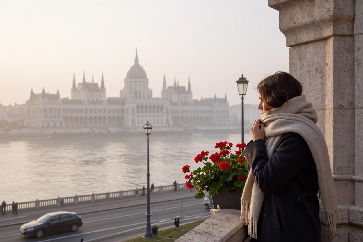 Woman at Dawn Light in in Budapest, Hungary