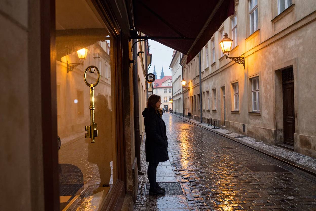 Woman at Dusk Light in Prague in in Prague, Czech Republic