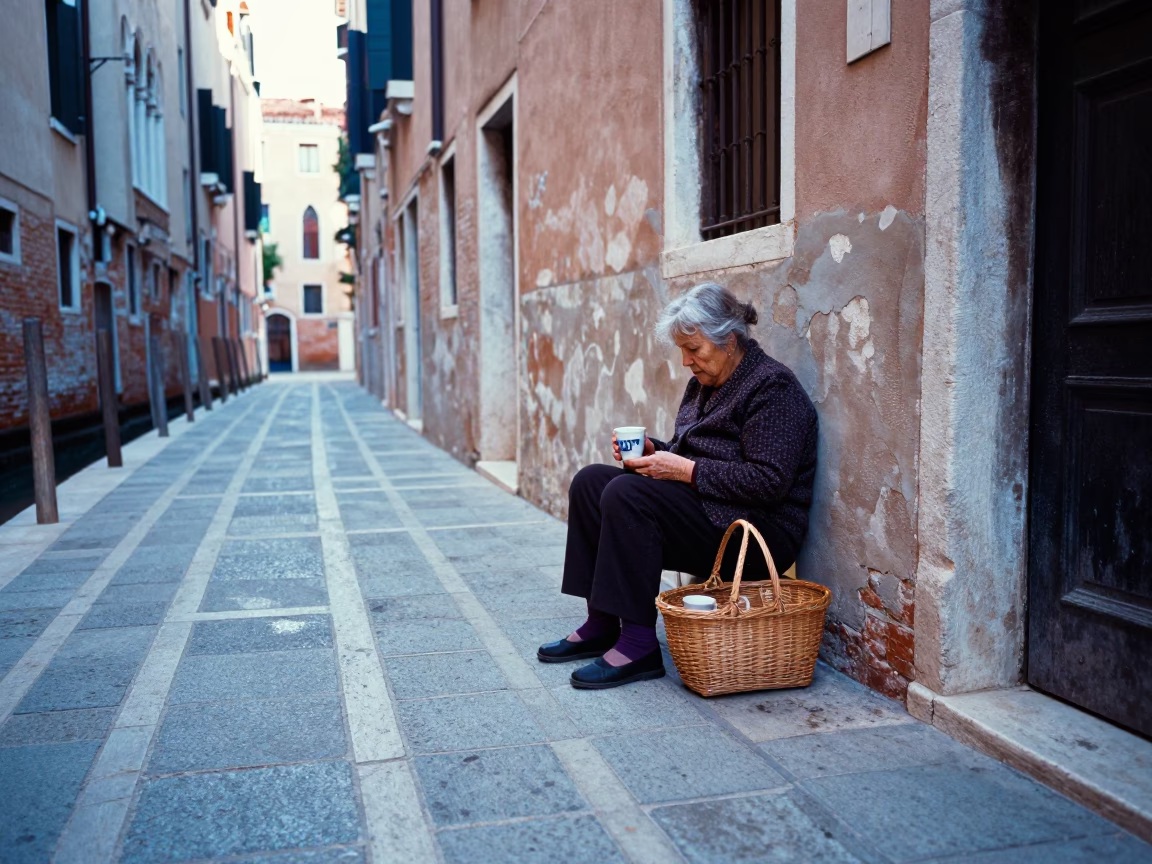 Woman at Early Morning Light in in Venice, Italy