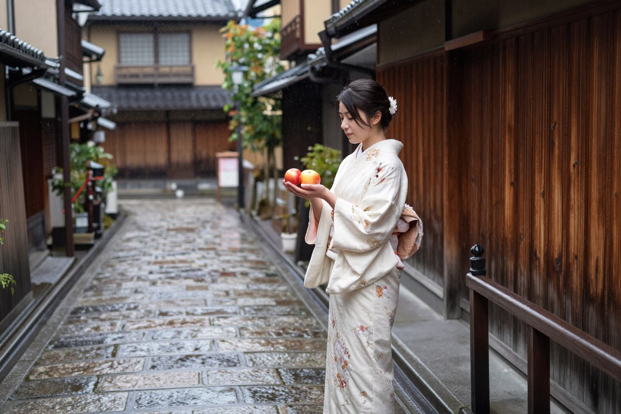 Woman at First Light in in Kyoto, Japan