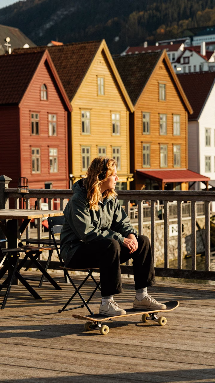 Woman at Late Afternoon Light in in Bergen, Norway