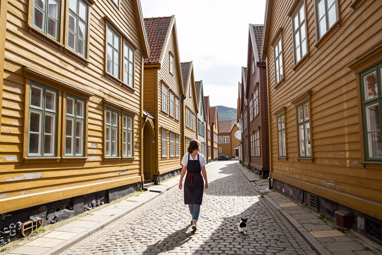Woman at Late Morning Light in in Bergen, Norway