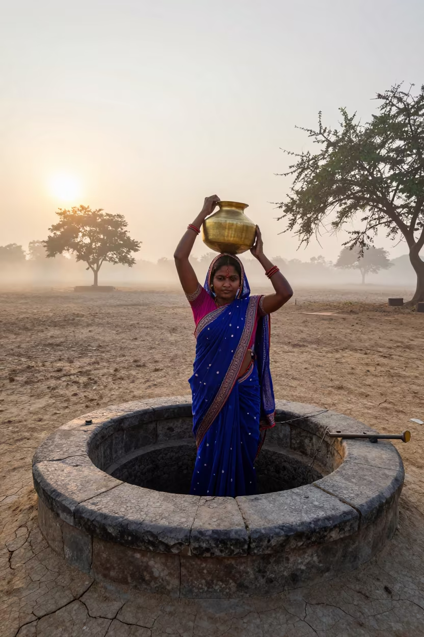 Woman Carries Brass Pot from Well at Dawn in Jalgaon in in Jalgaon