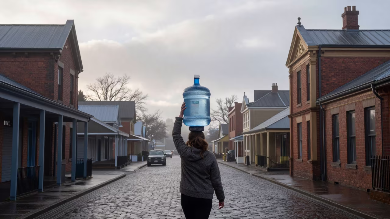 Woman Carries Water Jug at Dawn in Bendigo in in Bendigo