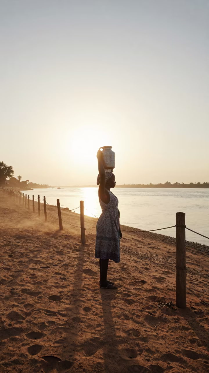 Woman Carries Water Jug on Head at Dawn in near a riverside landing in Dar es Salaam