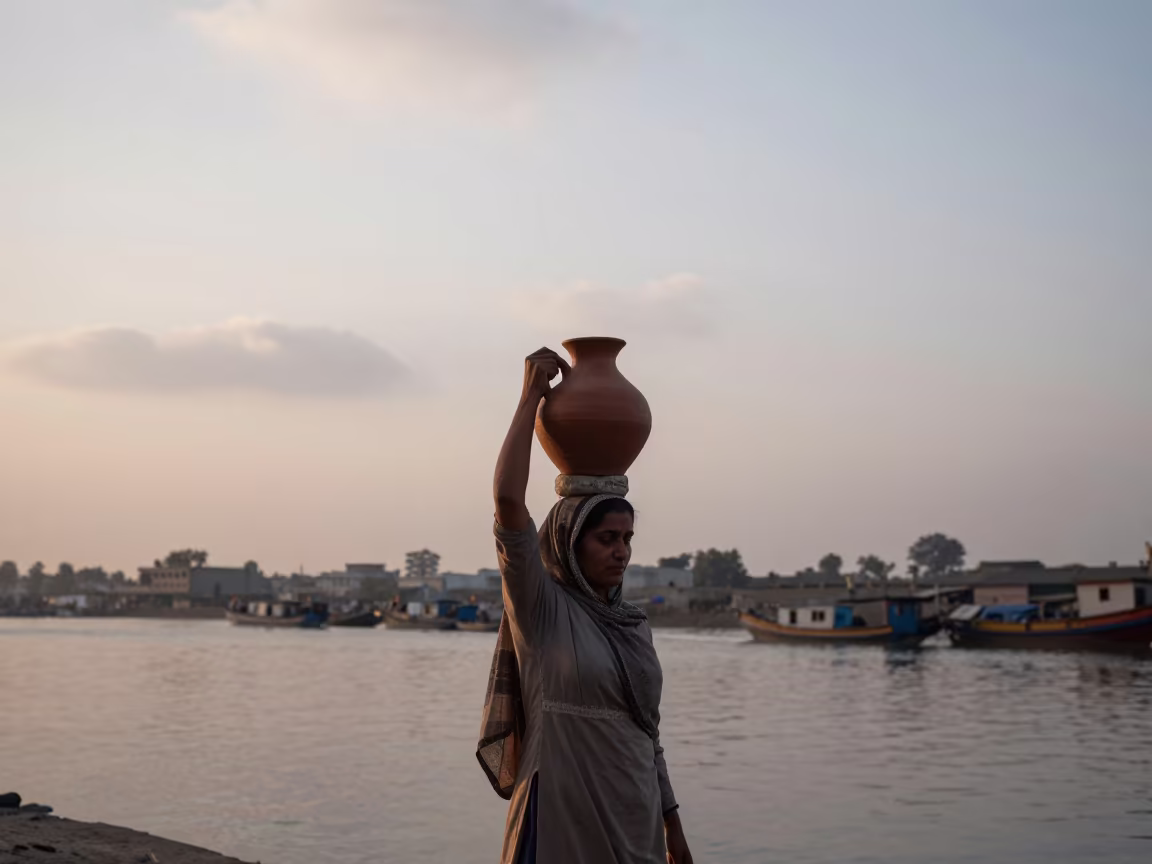 Woman Carries Water Jug at Rawalpindi Harbor Dawn in at a harbor edge in Rawalpindi