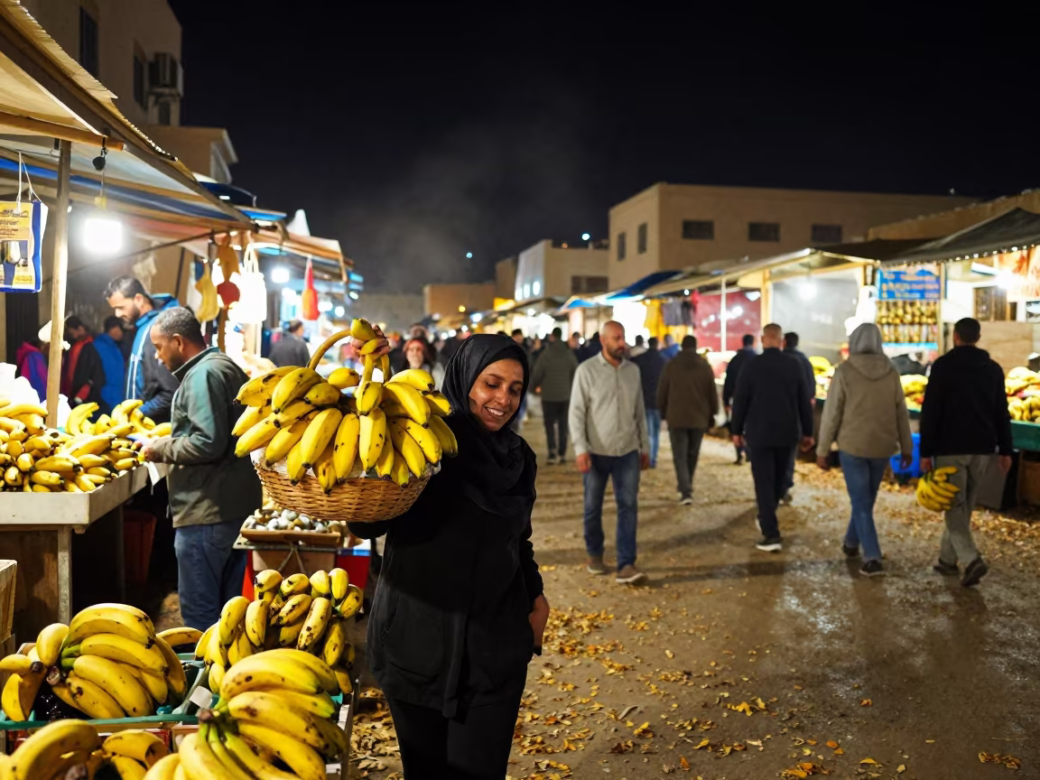 Woman Carrying Bananas Night Market Suez in in Suez