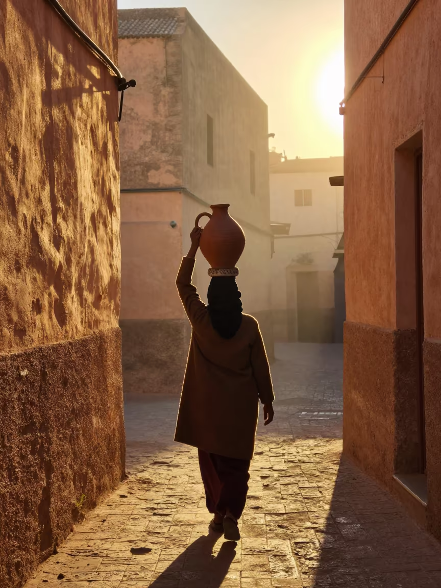 Woman Carrying Water Jug at Dawn in Tétouan in in Tétouan