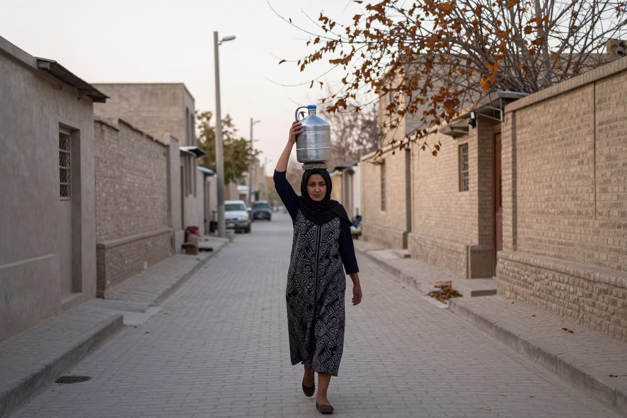 Woman Carries Water Jug on Head at Dawn in Bokhtar in in Bokhtar
