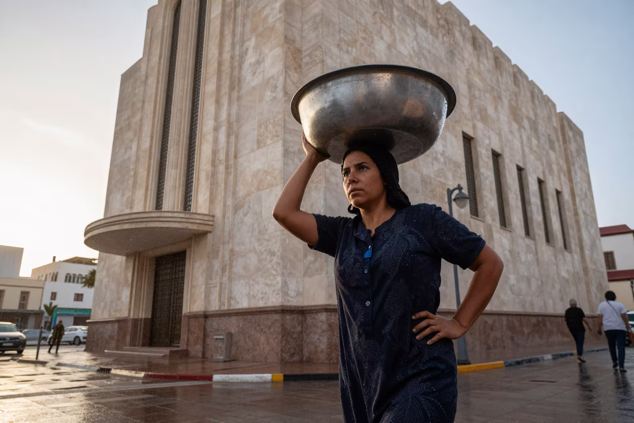 Woman Carrying Water from Well Near Art Deco Casablanca in near Art Deco Downtown, Casablanca