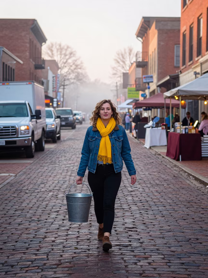 Woman Carries Water From Well In Morning Market Lane in along a market lane in Kansas City