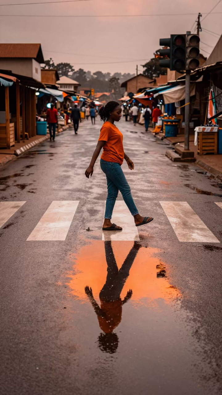 Woman Crossing Puddle Reflection in Bobo Dioulasso in along a market-lined side street in Bobo-Dioulasso