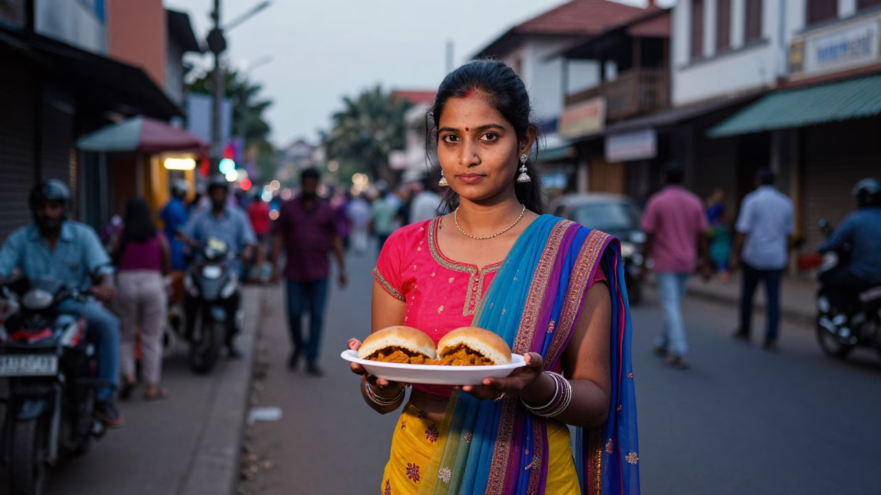 Woman Early Evening Street Scene in Kochi in in Kochi, India