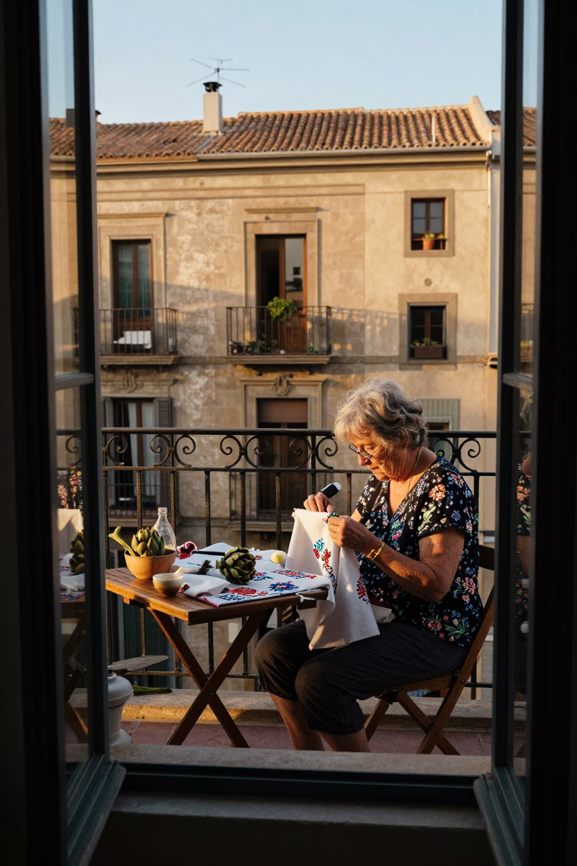 Woman Embroidering in Barcelona in in Barcelona, Spain
