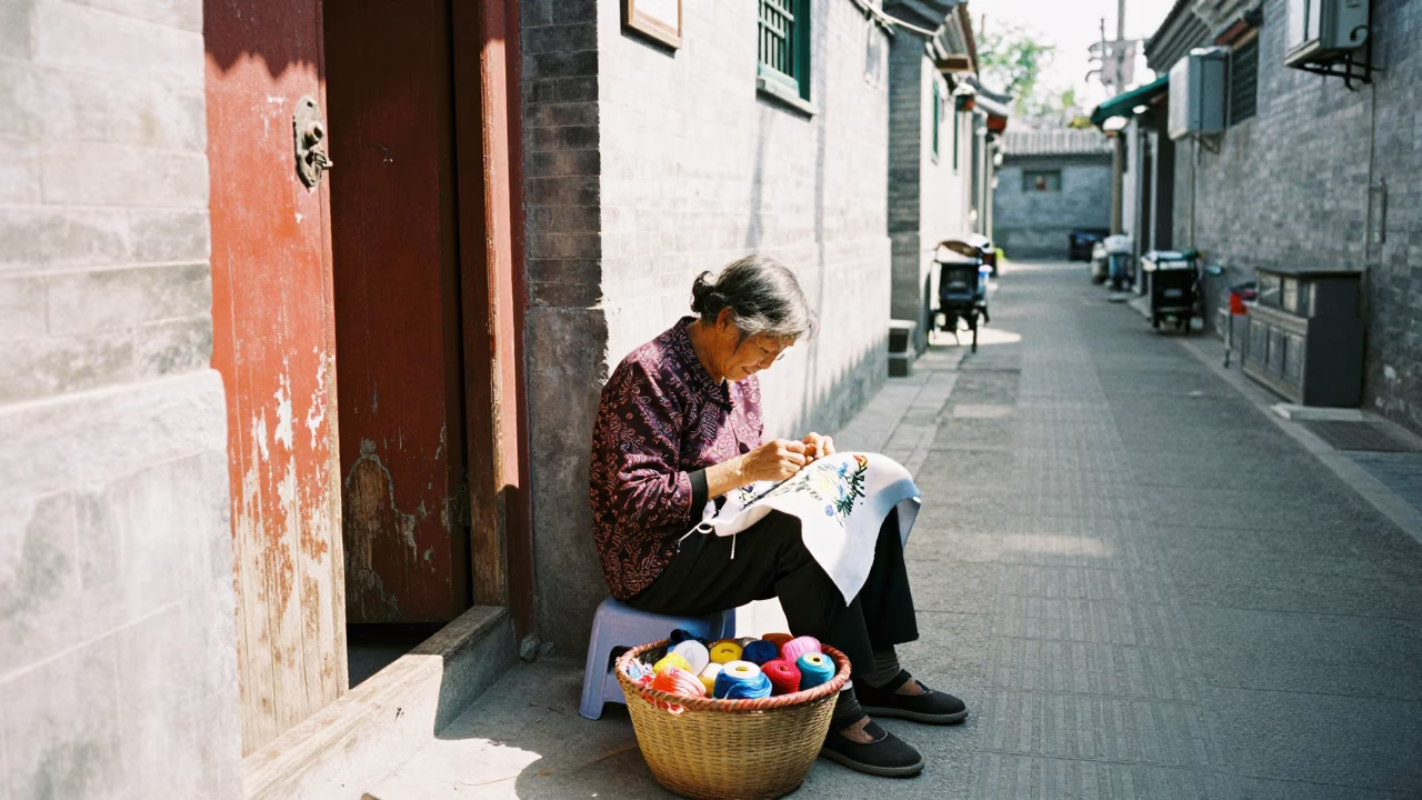 Woman Embroidering in Beijing in in Beijing, China