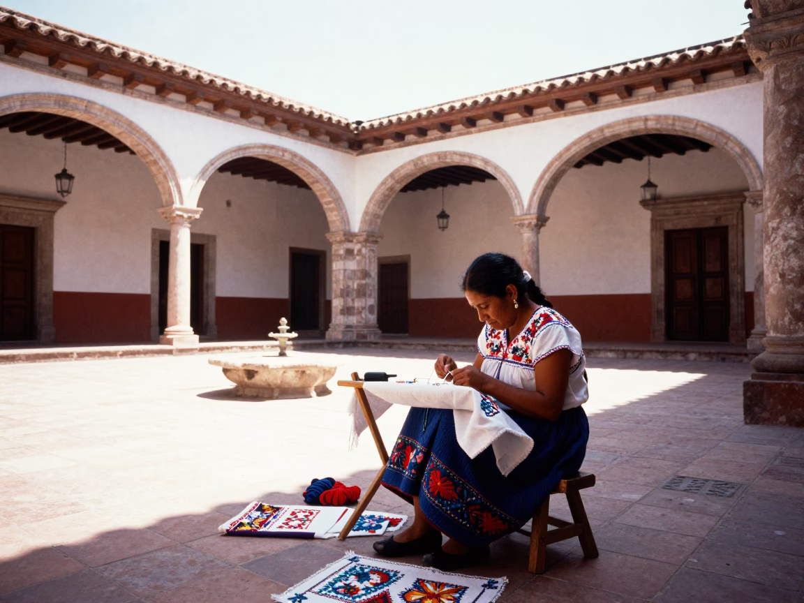 Woman Embroidering in Merida in in Merida, Mexico