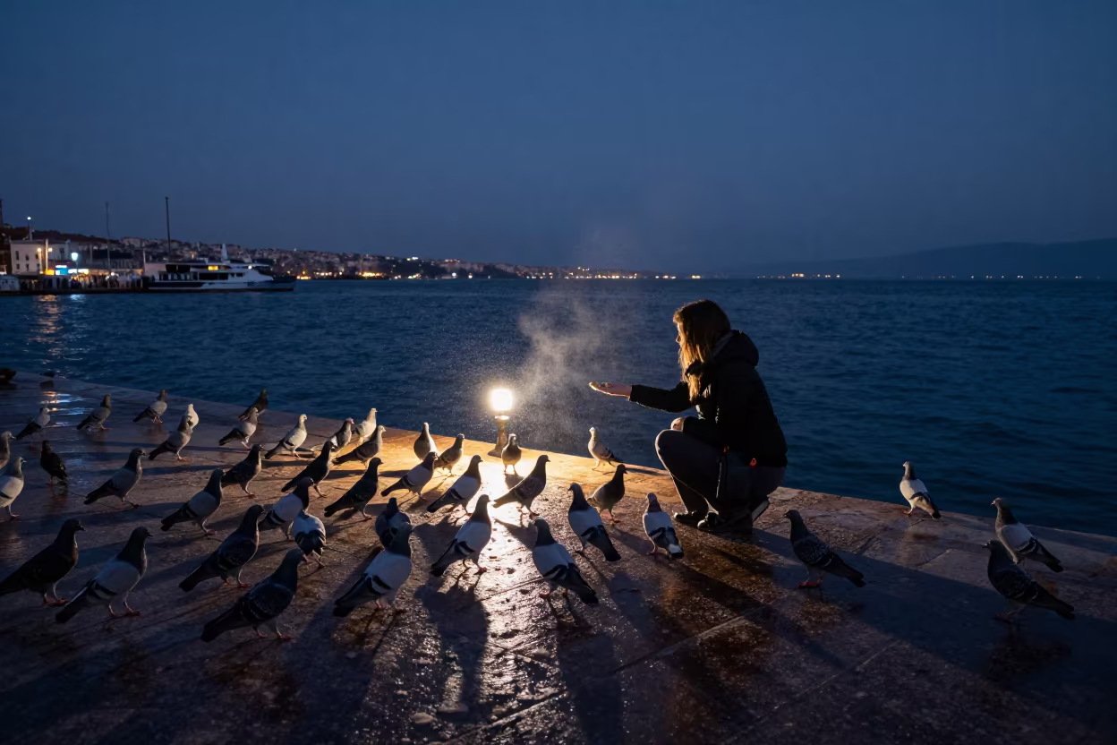 Woman Feeding Pigeons at Mersin Harbor Twilight in at a harbor edge in Mersin