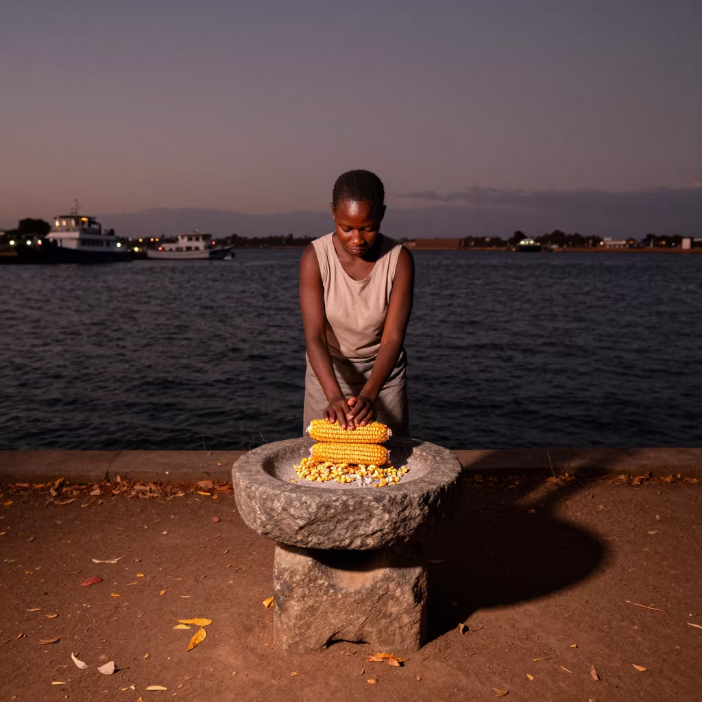 Woman Grinding Corn at Gqeberha Harbor at Dusk in at a harbor edge in Gqeberha