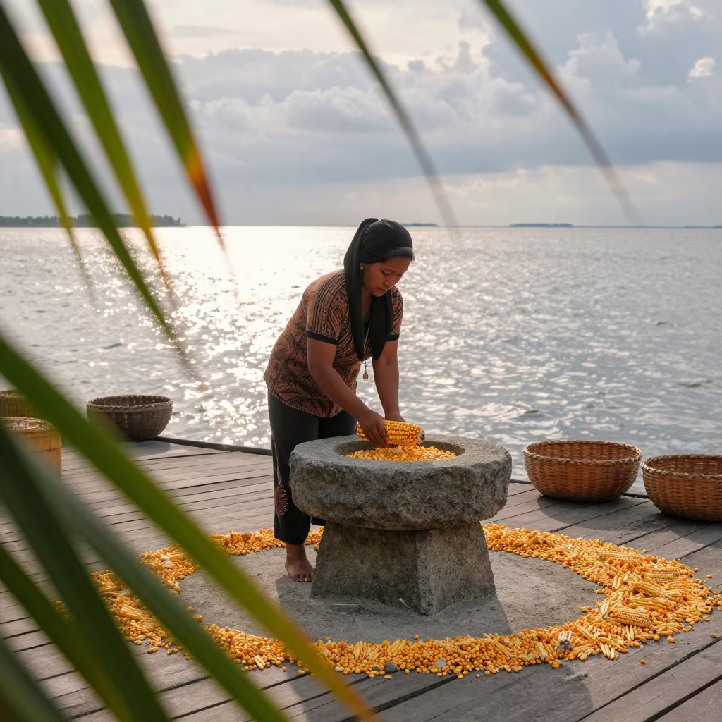 Woman Grinding Corn on Stone Metate Harbor in at a harbor edge in Kuala Terengganu