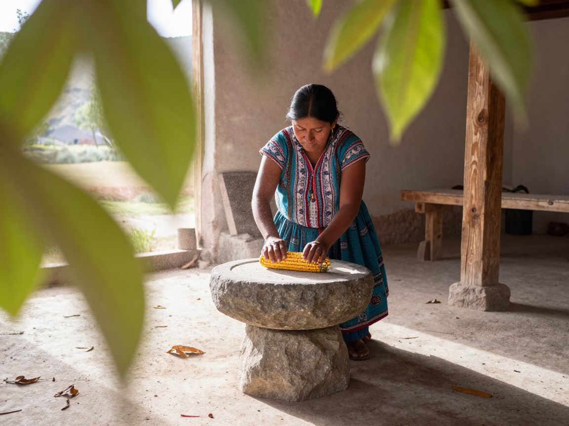 Woman Grinding Corn on Stone Metate in Machala in in Machala