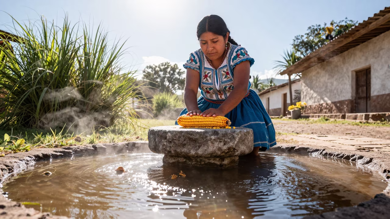 Woman Grinding Corn on Stone Metate Near Ibarra in near Ibarra