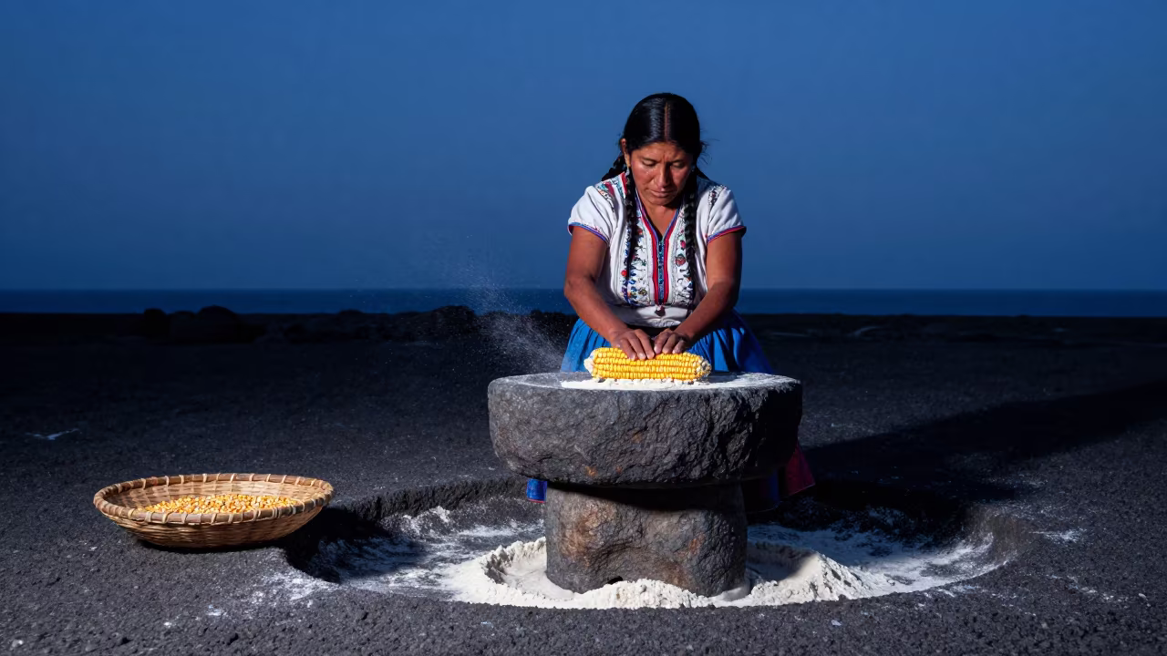 Woman Grinding Corn on Stone Metate in Pali Evening in in Pali