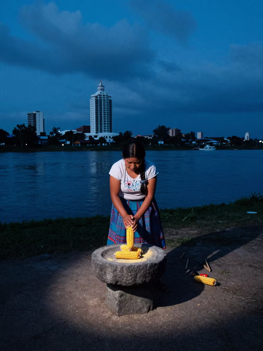 Woman Grinding Corn on Stone Metate by River in near a riverside landing in Quezon City
