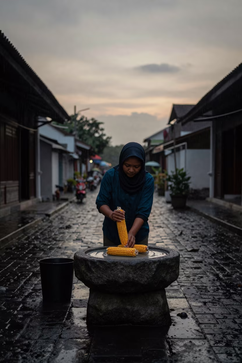 Woman Grinding Corn on Stone Metate in Semarang Twilight in in the old quarter in Semarang