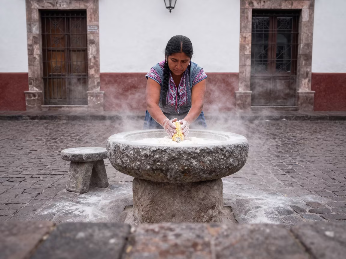 Woman Grinding Corn on Stone Metate in Tijuana in in the old quarter in Tijuana