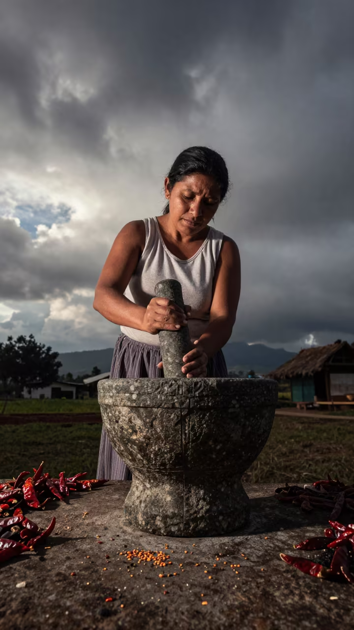 Woman Grinding Spices at Dawn Near Mixco in near Mixco