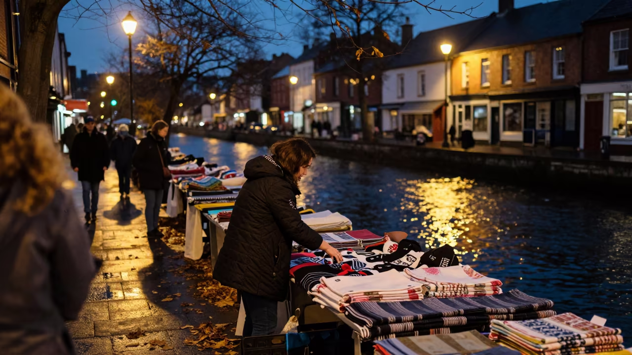 Woman Haggling Fabric by Canal in Predawn Newport in beside a canal in Newport