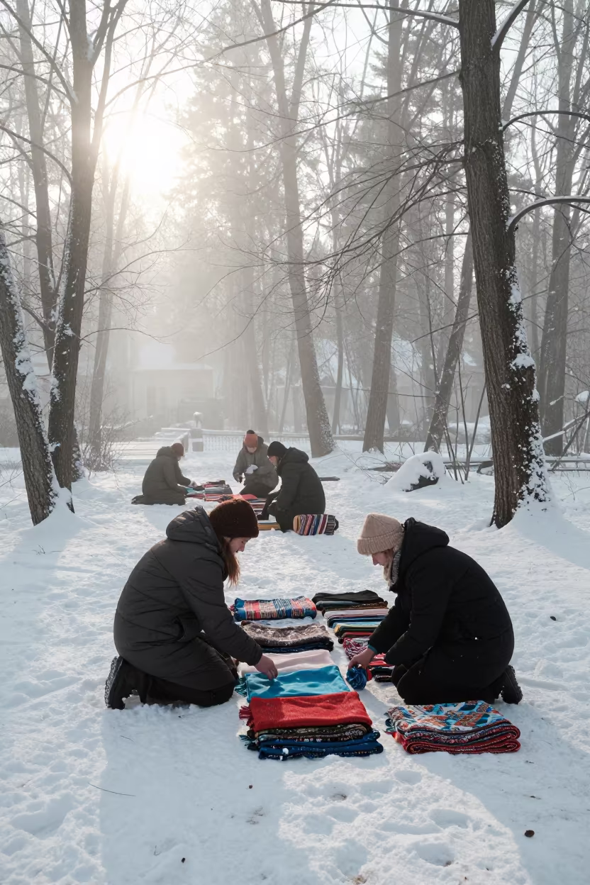 Woman haggling over fabric in early winter mist in near Obninsk