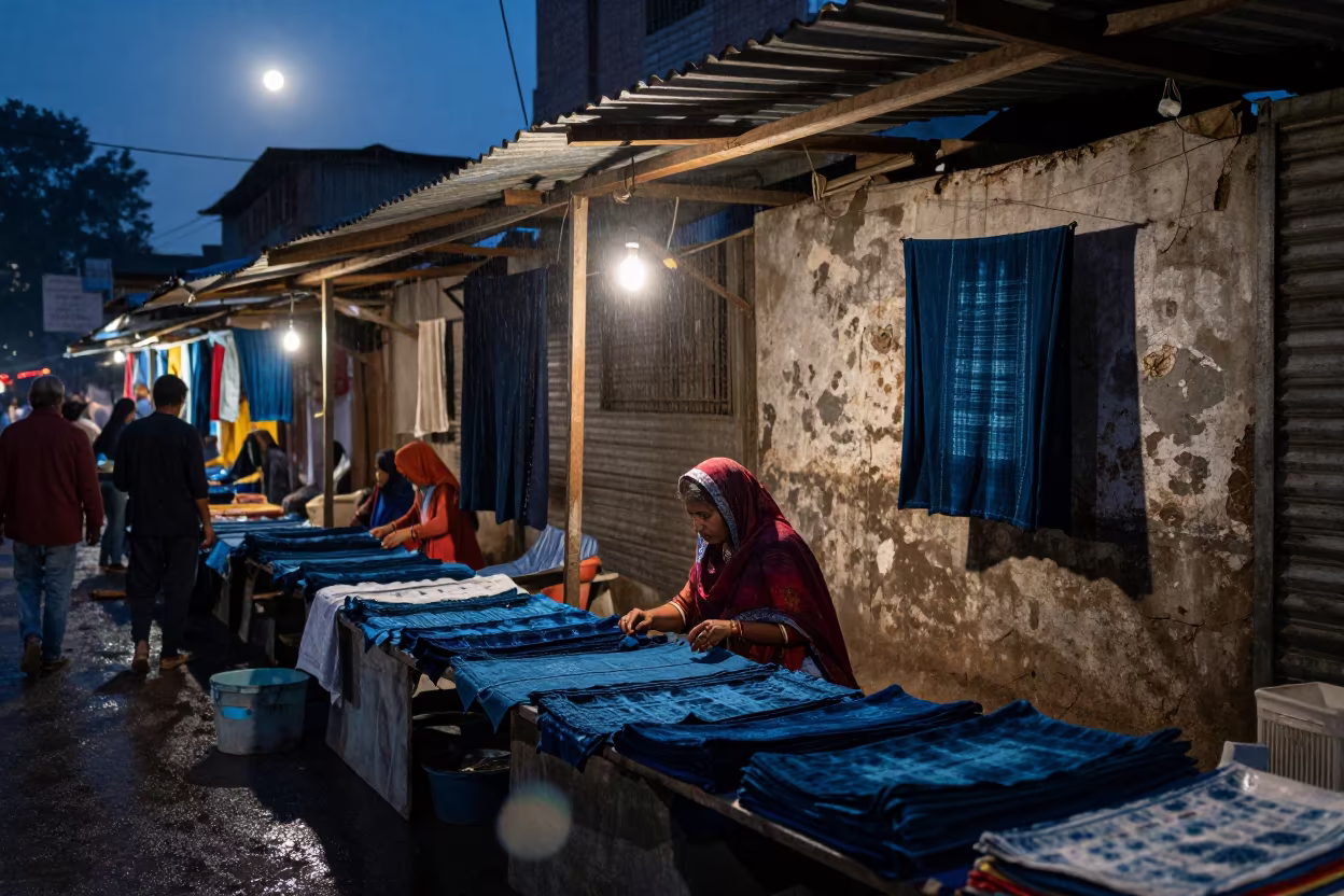 Woman Haggling Over Fabric in Noida Market in in the old quarter in Noida