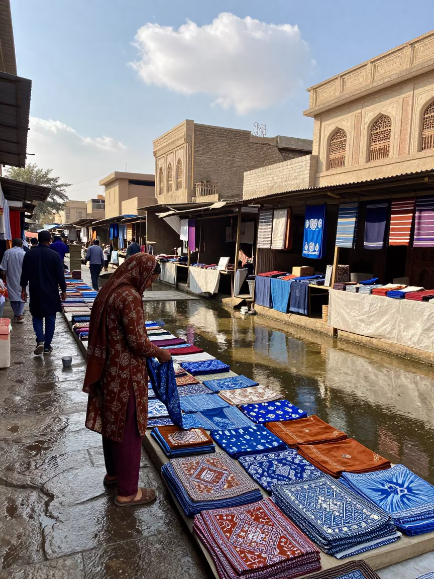 Woman Haggling Fabric Price Lahore Market in in the old quarter in Lahore