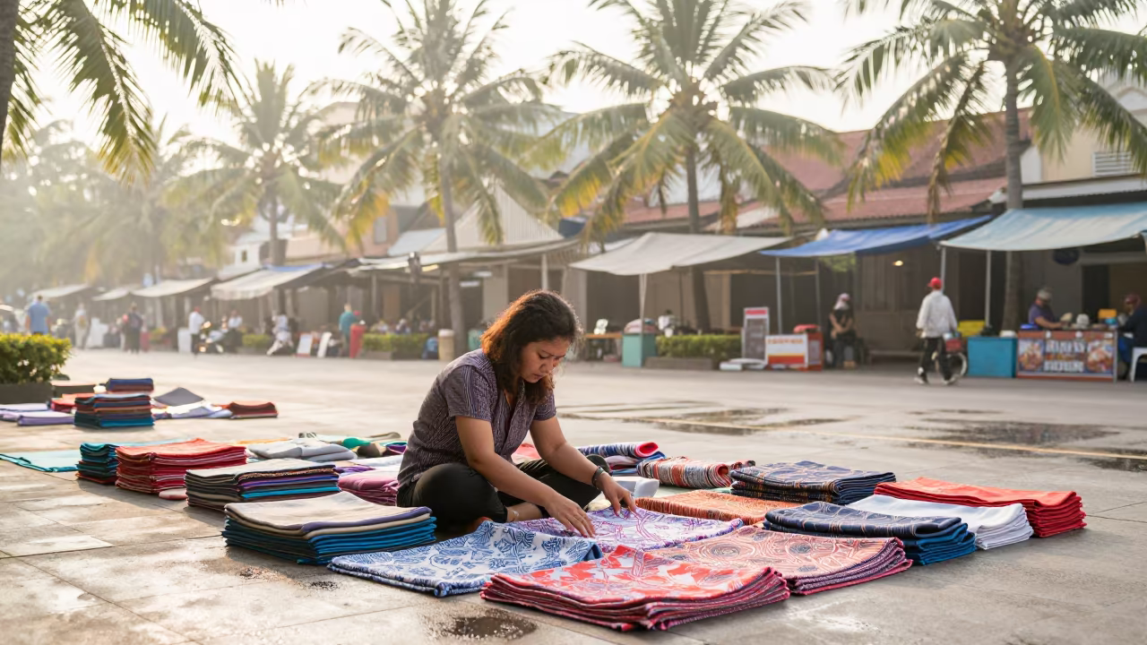 Woman Haggling Fabric Price at Market in at a public square in Vinh