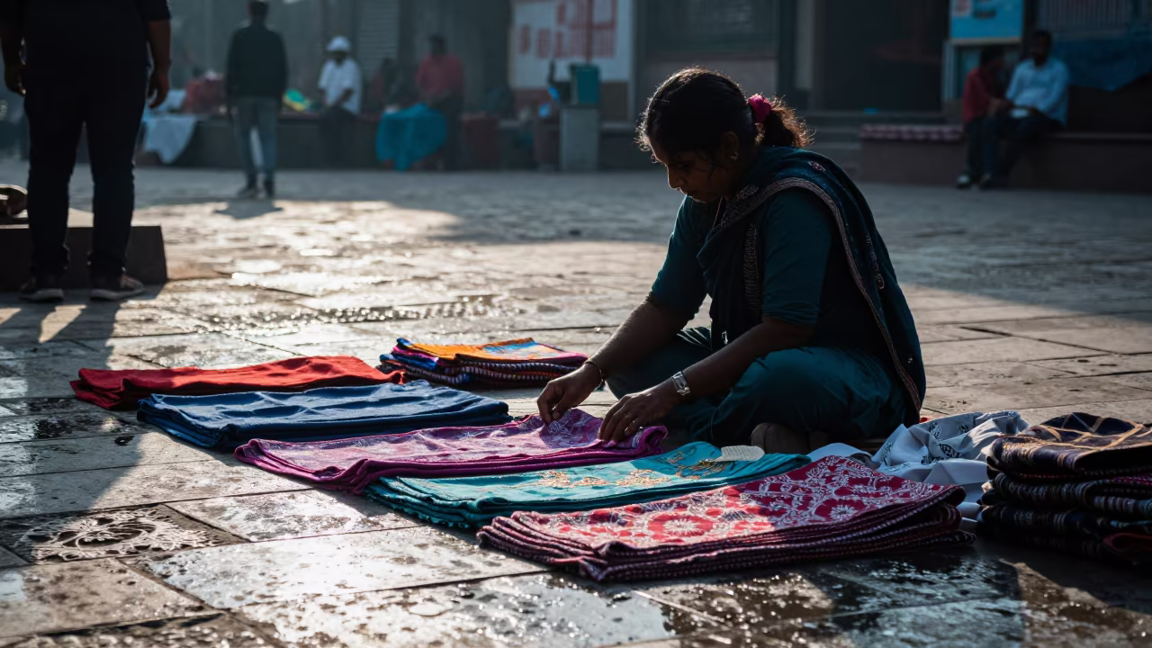 Woman Haggling Fabric Price in Vadodara Market in at a public square in Vadodara