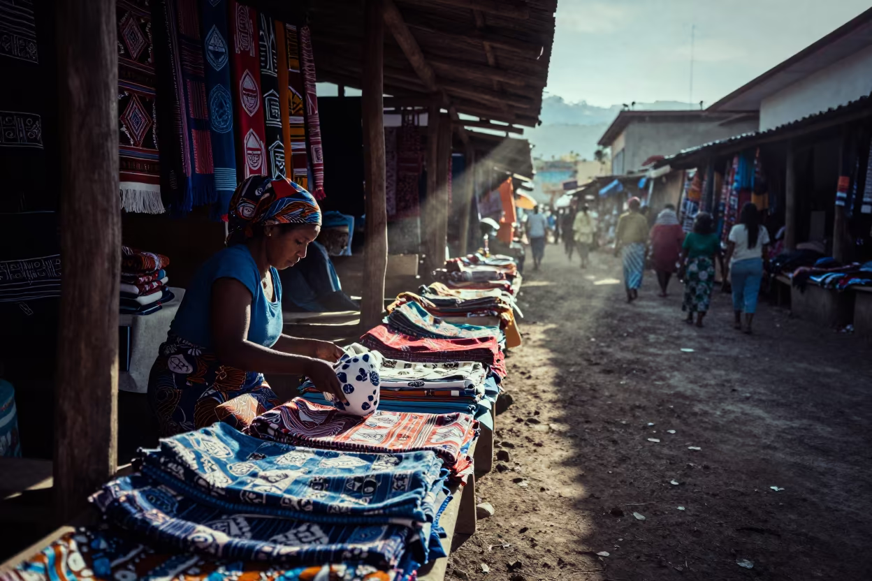 Woman Haggling Fabric Price in West African Market Evening in near San Cristobal de las Casas