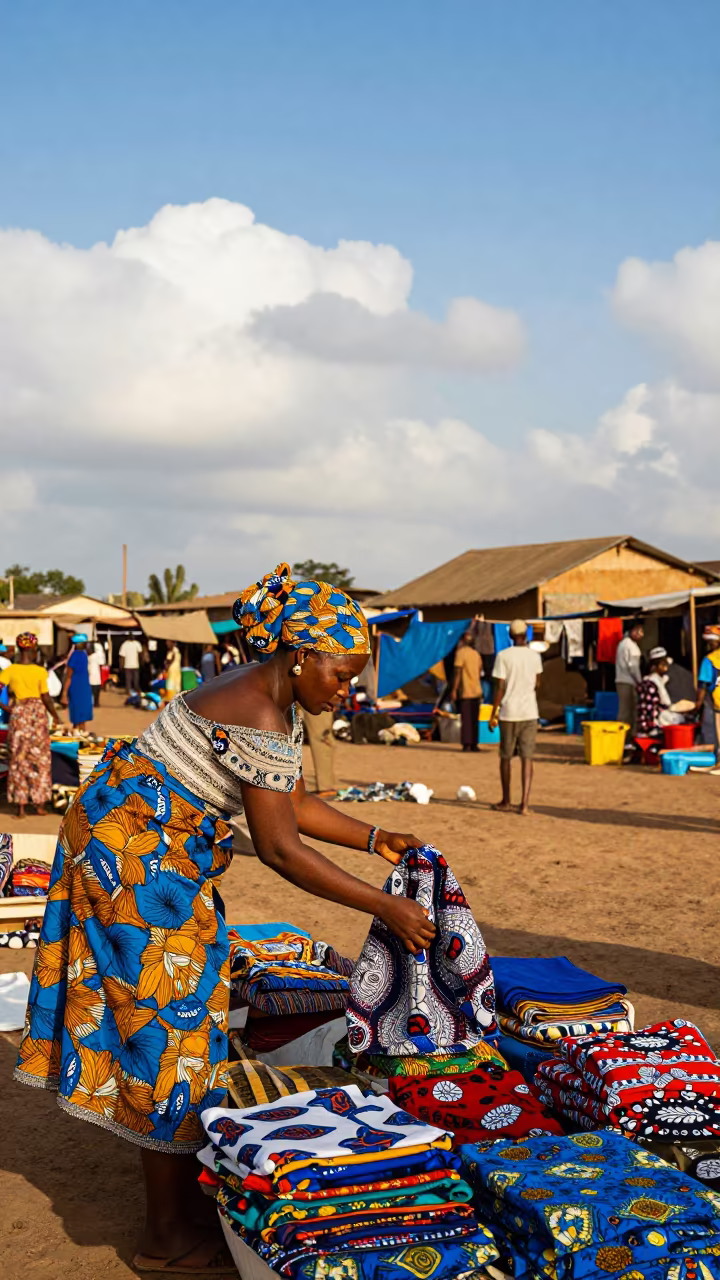 Woman Haggling Fabric Price West African Market in in Porto Amboim
