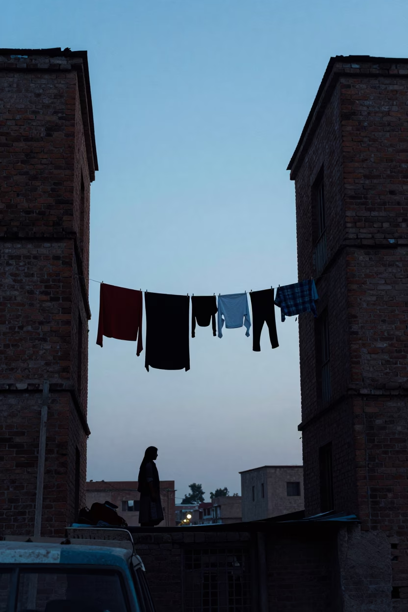 Woman Hanging Laundry Between Buildings at Blue Hour in in Kohat