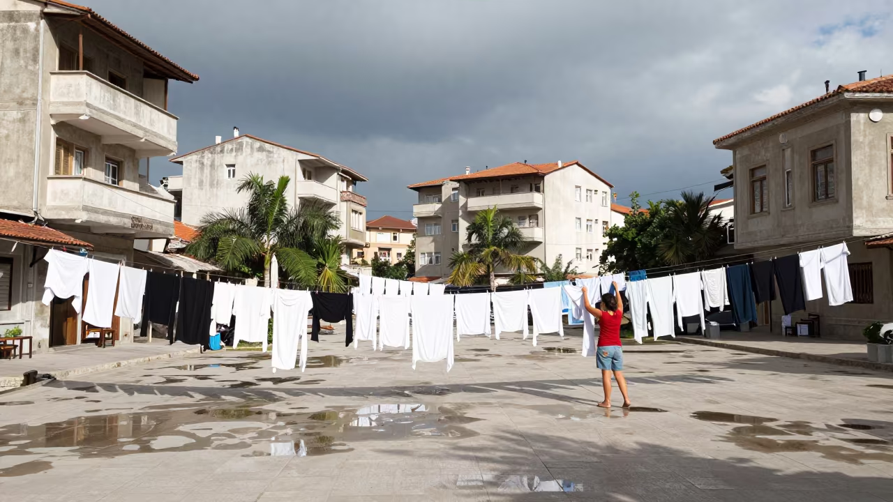 Woman Hanging Laundry Between Buildings in İskenderun in at a public square in İskenderun