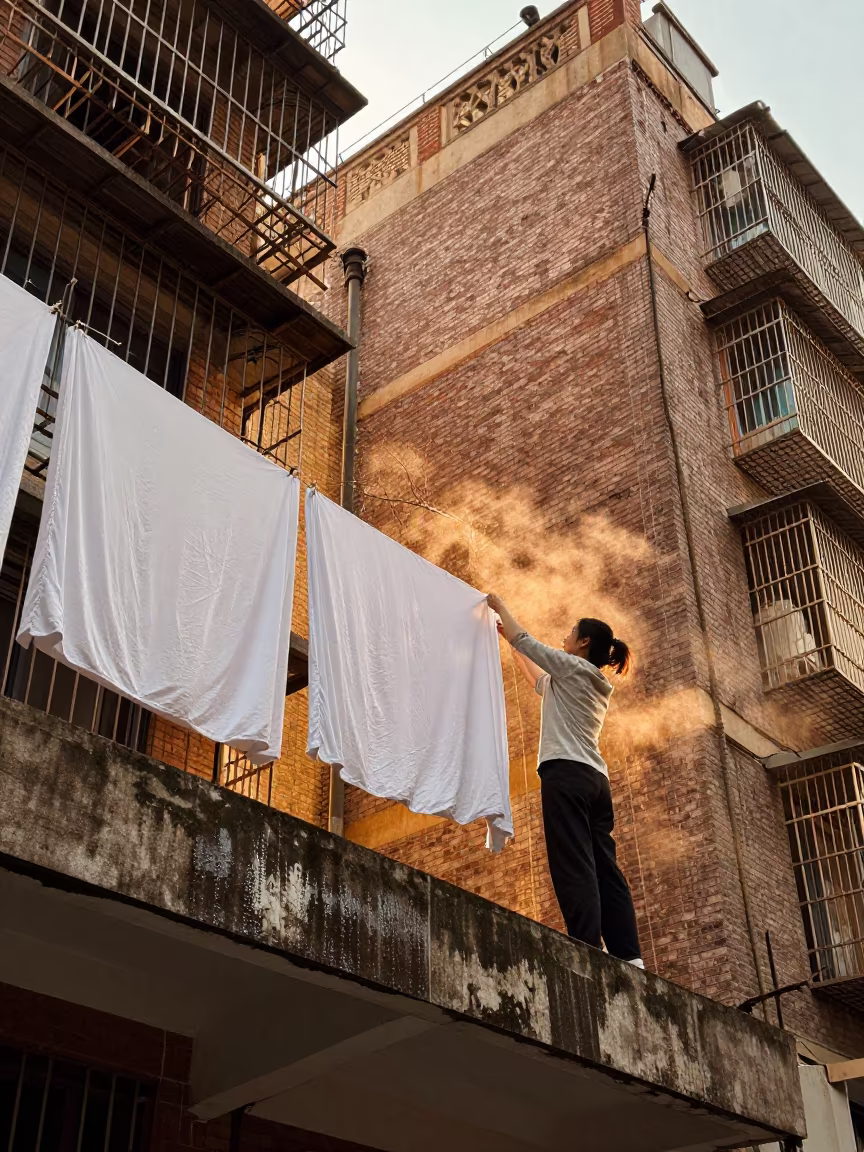 Woman Hanging Laundry Between Changsha Buildings in at a public square in Changsha