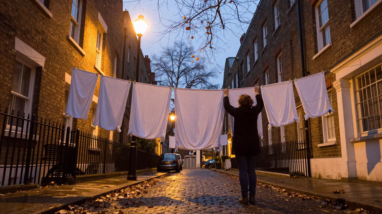 Woman Hanging Laundry Borough Market Dusk in along a market lane in Borough Market, London