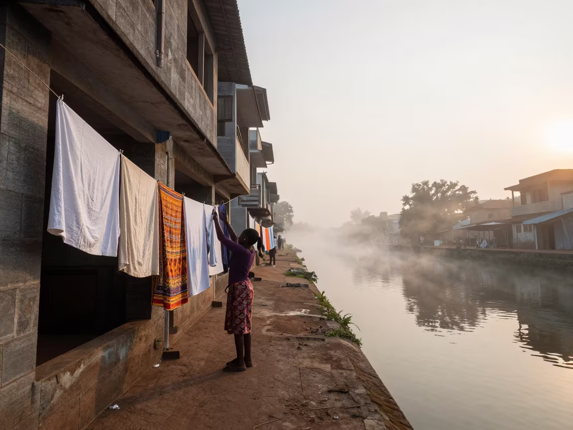 Woman Hanging Laundry by Canal in Bangui Mist in beside a canal in Bangui